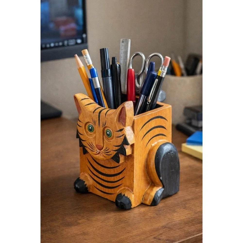 Hand Carved Wooden Cat Trinket Box Folk Art Kitty Storage Box 5